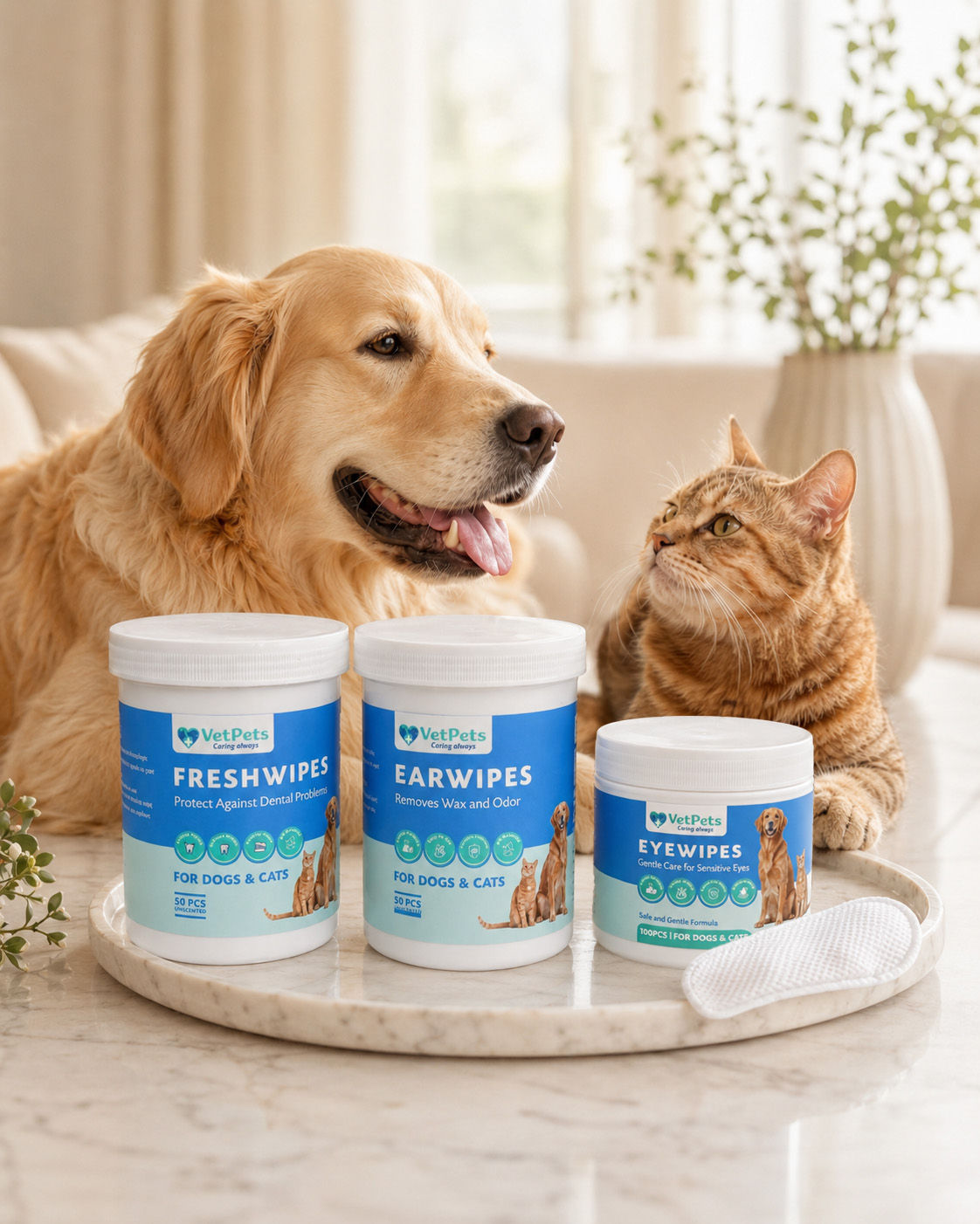 VetPets FreshWipes, EarWipes ve EyeWipes ile günlük kedi ve köpek bakım rutini