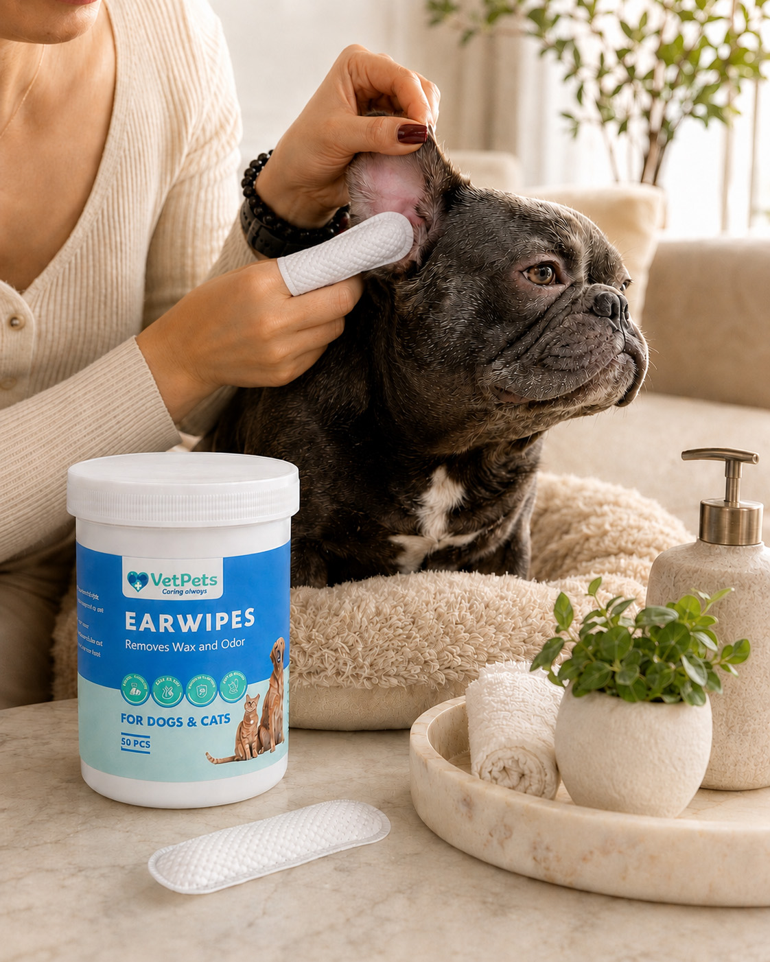 EarWipes parmak mendili ile köpeğin günlük kulak bakımı