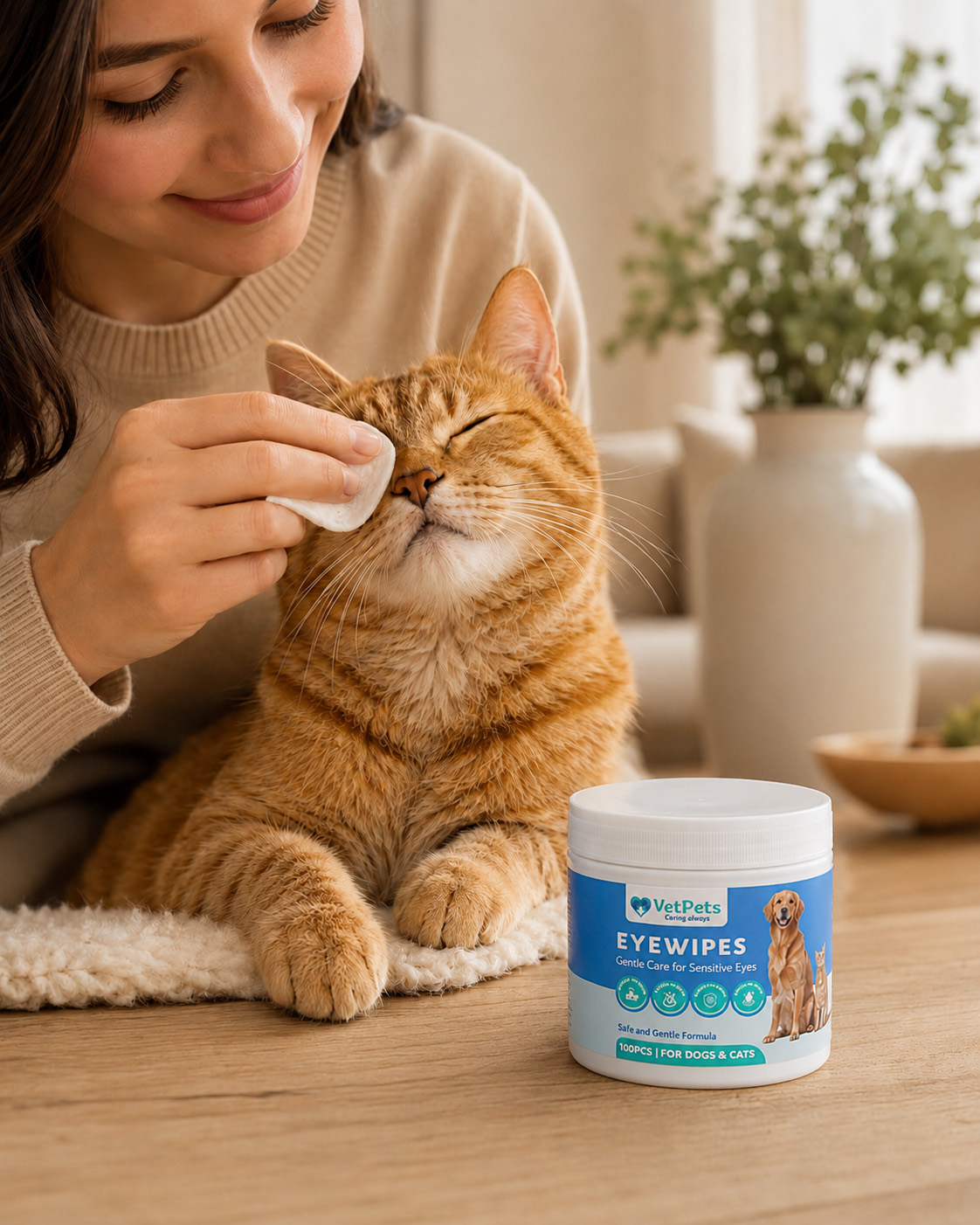 EyeWipes ile kedinin göz çevresinde nazik günlük bakım